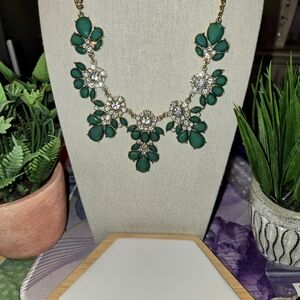 Green and White Frost Gold Tone Floral Necklace with Intricate Metalwork